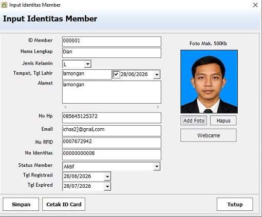 Registrasi member aplikasi membergym rdid dan pos