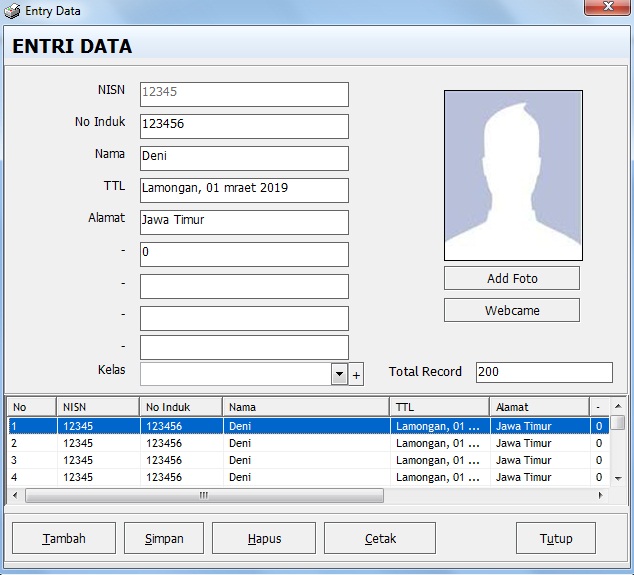 Input Data Aplikasi Kartu Siswa
